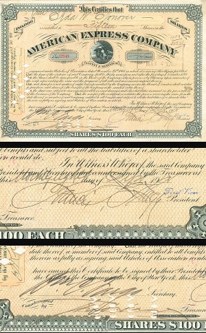 James F. Fargo and William C.Fargo signed American Express Co. - 1912 dated Autograph Express Stock Certificate